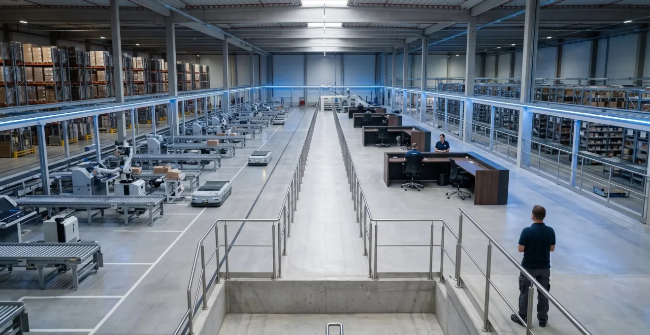 Vue d'ensemble d'un système automatisé de gestion de flux logistiques dans un entrepôt moderne
