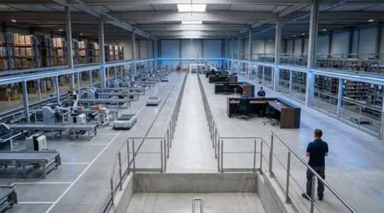 Vue d'ensemble d'un système automatisé de gestion de flux logistiques dans un entrepôt moderne
