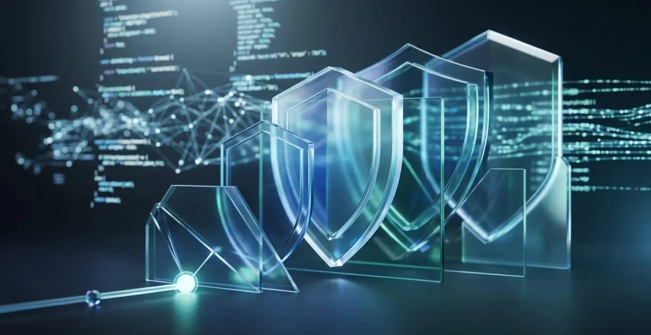 Illustration conceptuelle de la sécurité des scripts web avec protection multicouche et architecture défensive