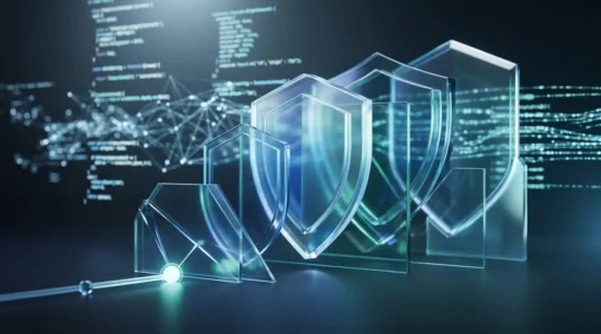 Illustration conceptuelle de la sécurité des scripts web avec protection multicouche et architecture défensive