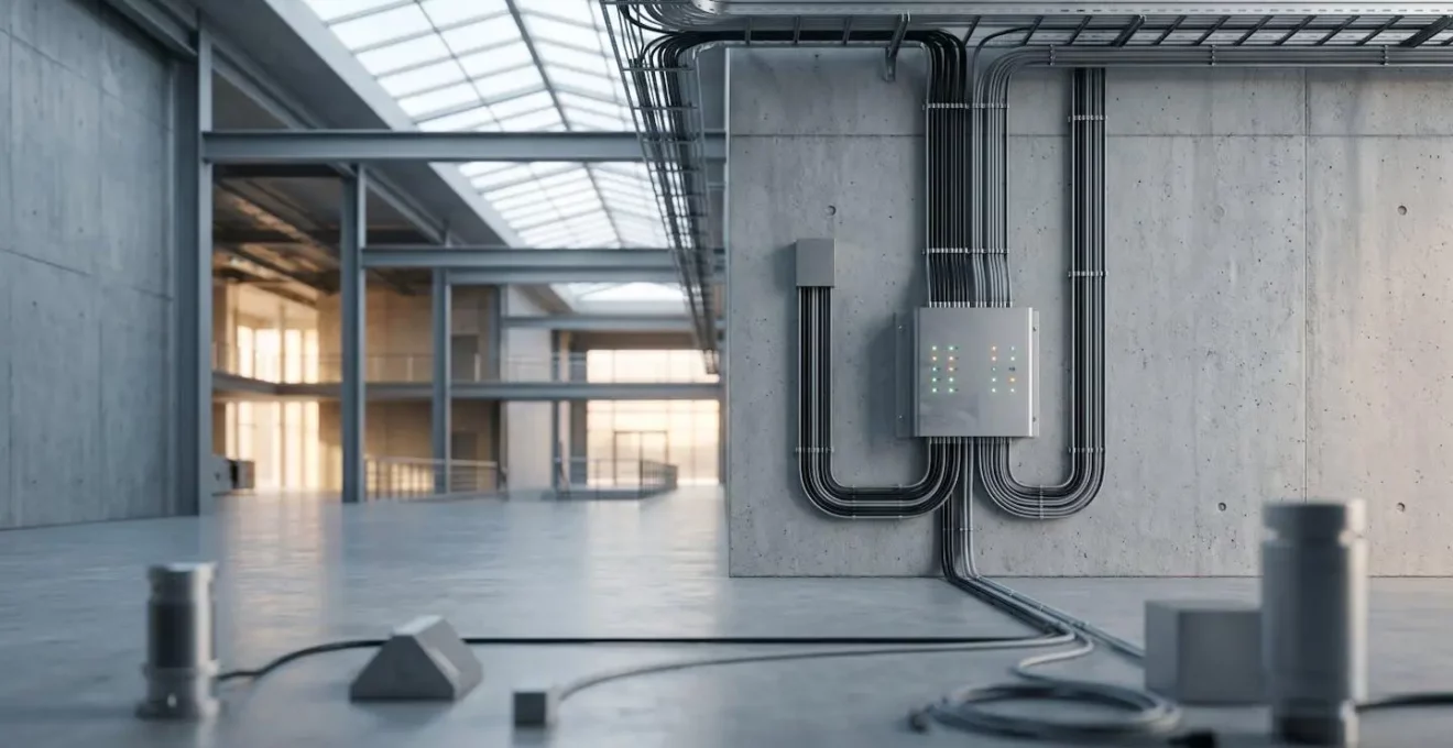 Infrastructure IoT centralisée avec passerelles connectées et capteurs industriels dans un bâtiment intelligent moderne