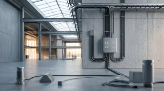Infrastructure IoT centralisée avec passerelles connectées et capteurs industriels dans un bâtiment intelligent moderne