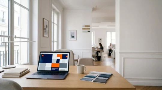 Environnement professionnel épuré montrant une interface numérique conforme aux standards d'accessibilité avec contraste élevé et navigation claire
