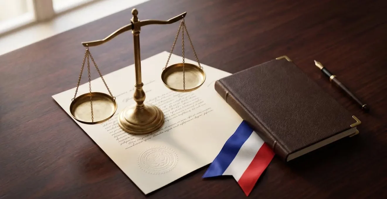 Document juridique officiel et balance de justice symbolisant la conformité légale des sites e-commerce en France