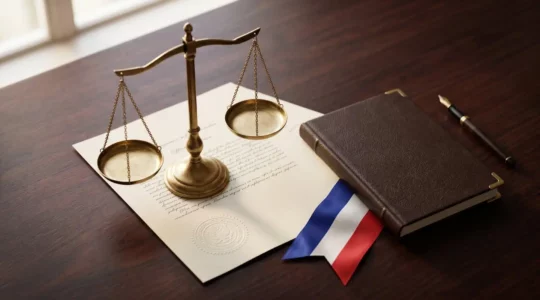 Document juridique officiel et balance de justice symbolisant la conformité légale des sites e-commerce en France