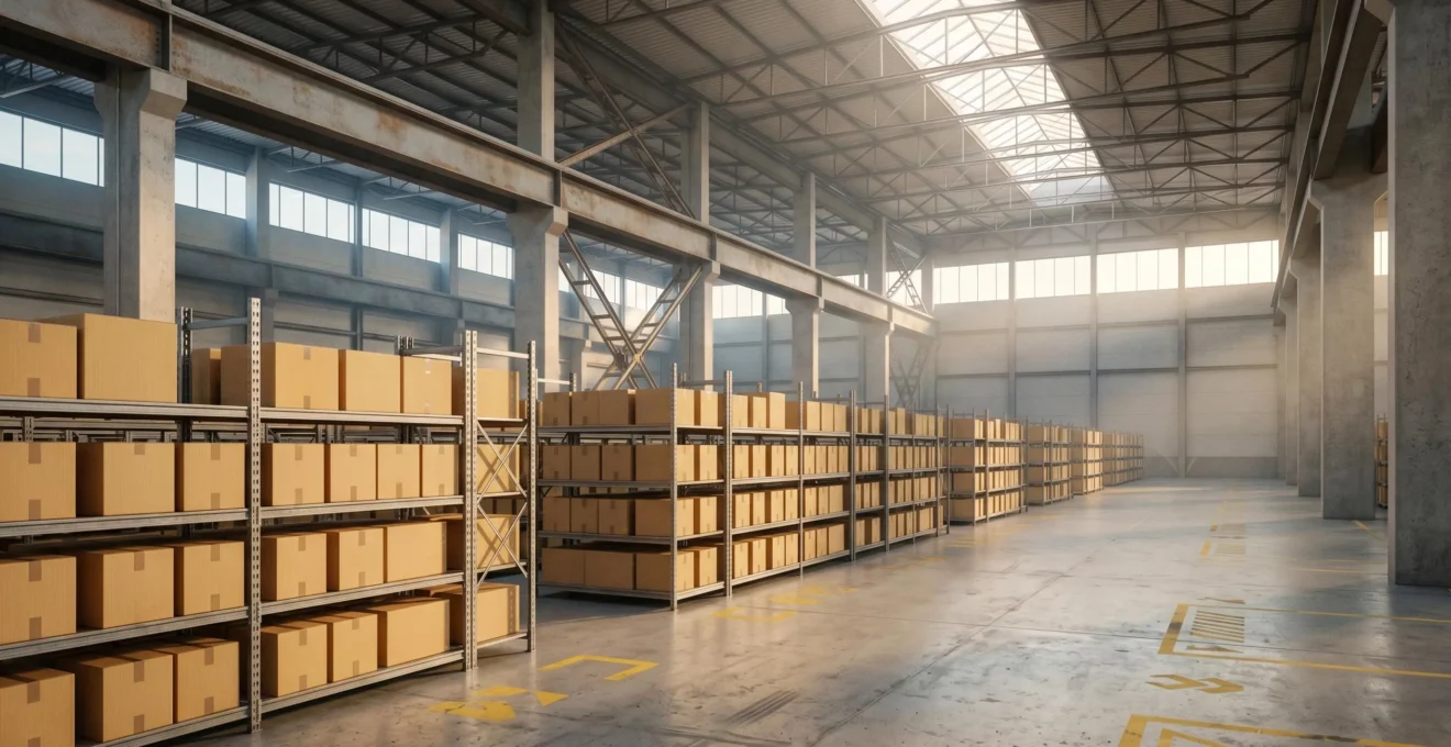 Infrastructure logistique moderne d'entrepôt e-commerce avec systèmes d'information automatisés