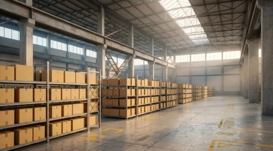 Infrastructure logistique moderne d'entrepôt e-commerce avec systèmes d'information automatisés