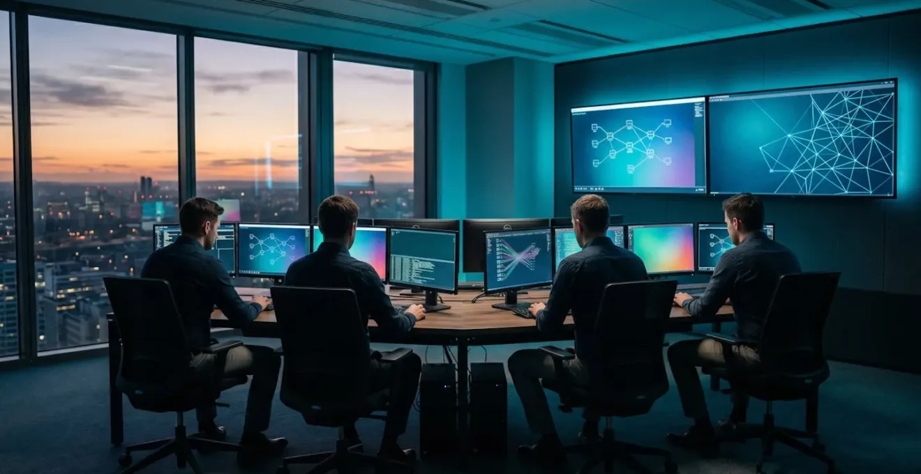 Salle de commandement de crise dans un bureau moderne avec écrans de surveillance affichant des tableaux de bord de sécurité informatique et équipe d'intervention technique en action