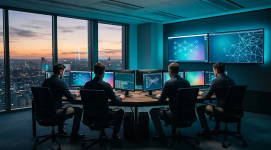 Salle de commandement de crise dans un bureau moderne avec écrans de surveillance affichant des tableaux de bord de sécurité informatique et équipe d'intervention technique en action