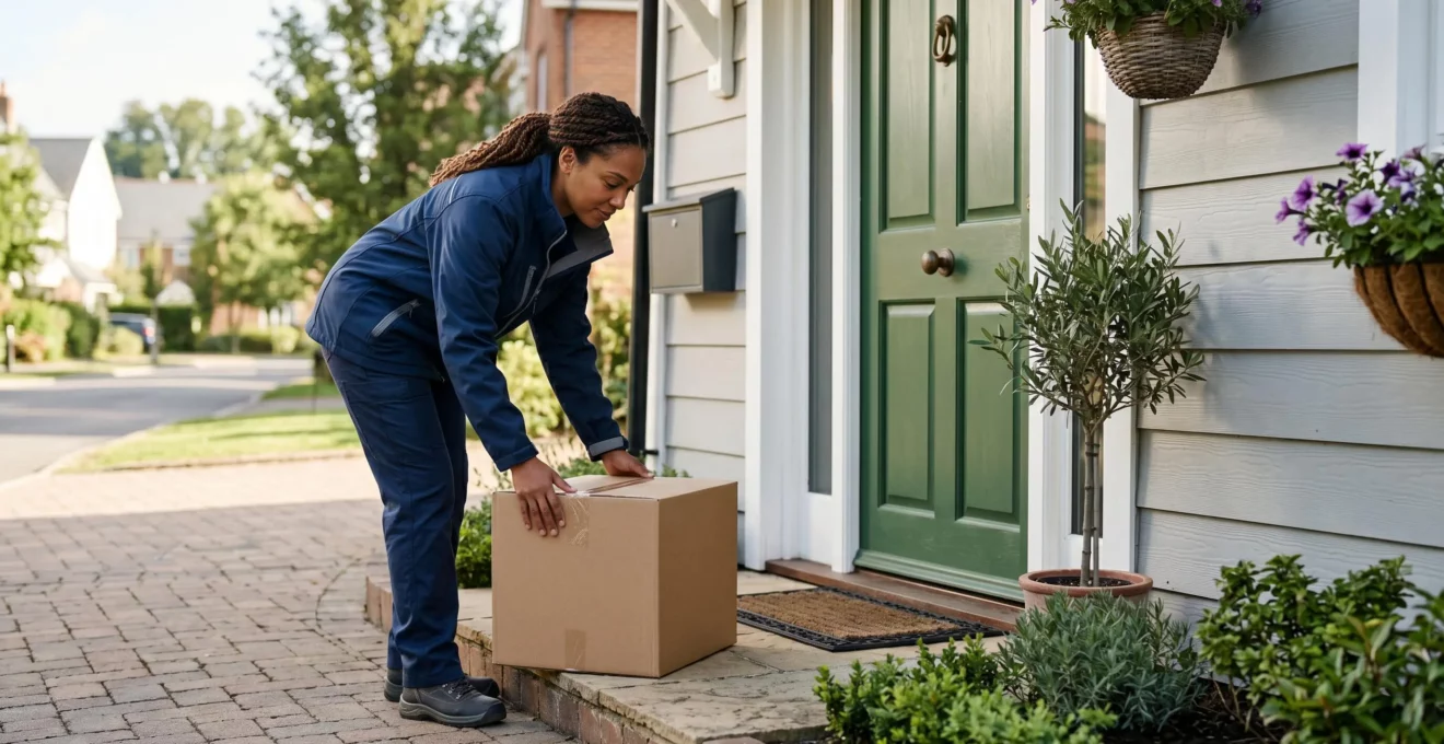 Un livreur professionnel déposant un colis devant une porte de maison résidentielle, illustrant le dernier kilomètre de la livraison e-commerce