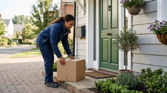 Un livreur professionnel déposant un colis devant une porte de maison résidentielle, illustrant le dernier kilomètre de la livraison e-commerce
