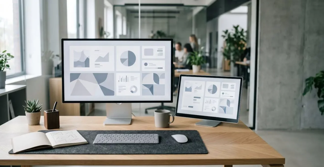 Workspace e-commerce avec écrans d'ordinateur affichant des données de conversion et des fiches produits optimisées