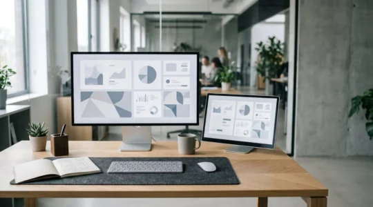 Workspace e-commerce avec écrans d'ordinateur affichant des données de conversion et des fiches produits optimisées