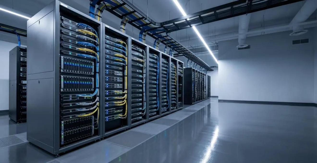 Infrastructure de serveurs moderne avec système de monitoring et maintenance préventive illustrant la cybersécurité