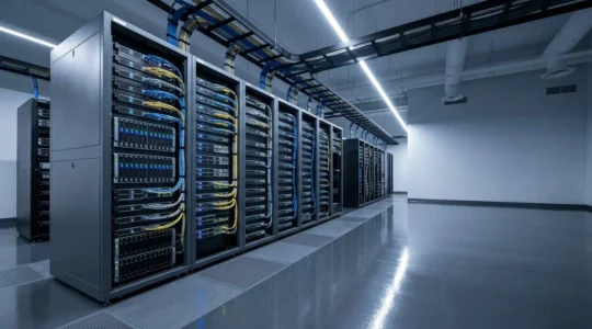 Infrastructure de serveurs moderne avec système de monitoring et maintenance préventive illustrant la cybersécurité