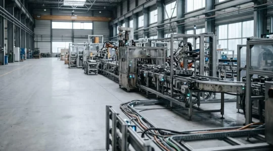 Scène industrielle montrant la sécurisation des données IoT avec flux de communications chiffrées entre capteurs et systèmes de contrôle