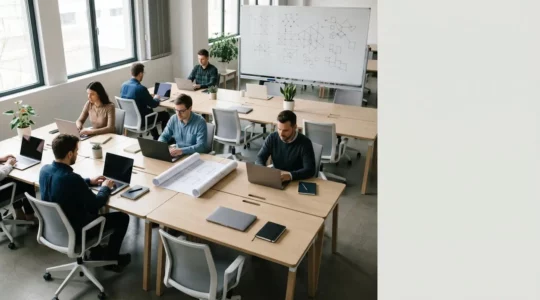 Développeurs collaborant sur la qualité du code dans un environnement de travail moderne